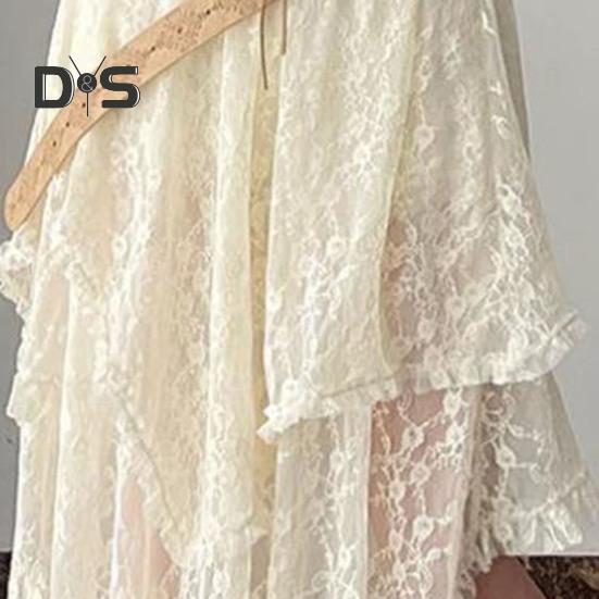 Retro sukně s elastickým vysokým pasem, krajkou a nepravidelným designem, midi sukně ve francouzském stylu, retro výšivka, krajka s květinovou výšivkou