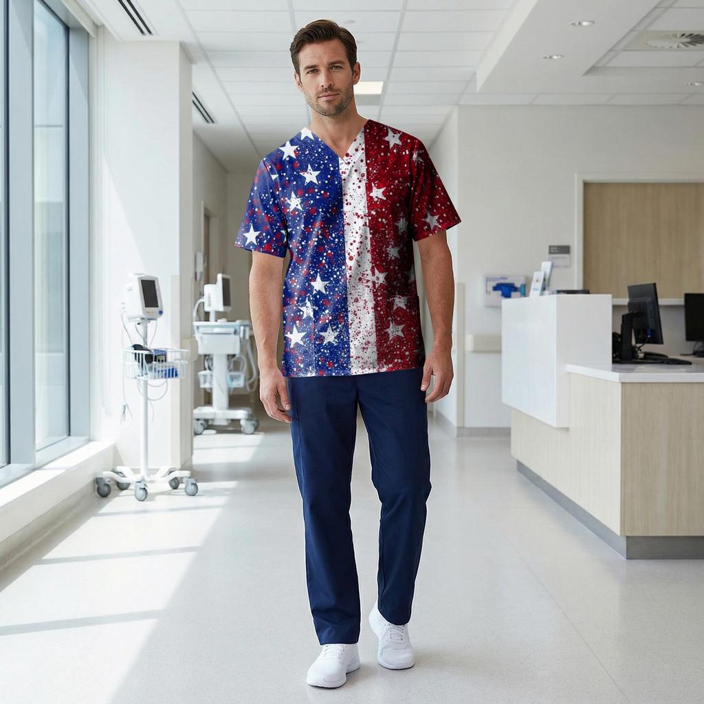 Short Sleeve V Neck Printed Scrub Top with Star Pattern and Two Front Pockets for Professionals Unisex Design Comfortable Fit