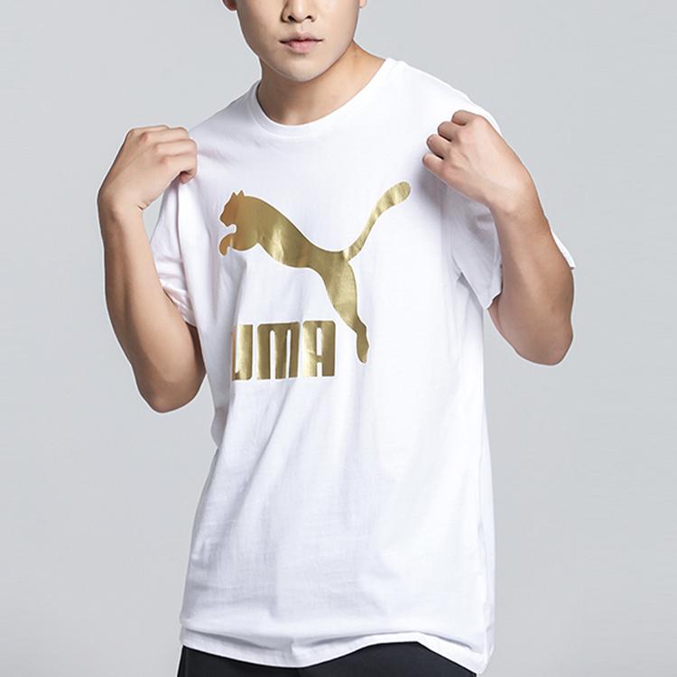 Puma Gold Foil Logo Print Crew Neck T-Shirt Men Tops White 579405-82
