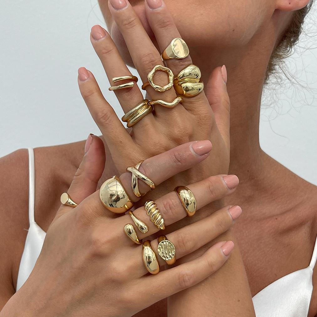 

14Pcs/Set Creative Smooth Open Rings for Women 2026 New Fashion Goth Gold Color Adjustable Finger Rings Daily Jewelry