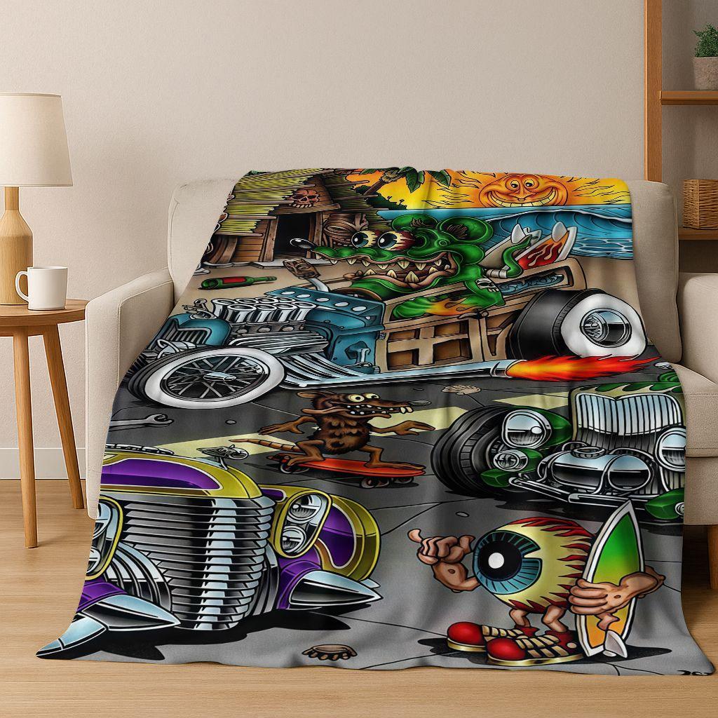 3D Buntowniczy RAT FINK Samochody Znak Kreskówkowy Koc Flanelowy, Ciepły i Przytulny Miękki Koc Rzutowy do Domu Sypialni Łóżka Sofy Pokrycie Piknikowe