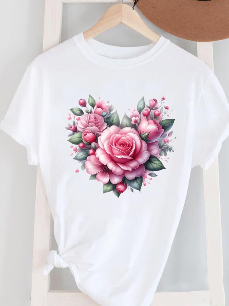 (Asian Size) Short Sleeve Women's Top T Female Print  Fashion ladies O-neck Casual trend lovely flower cute Clothing  Graphic Tee T-shirts