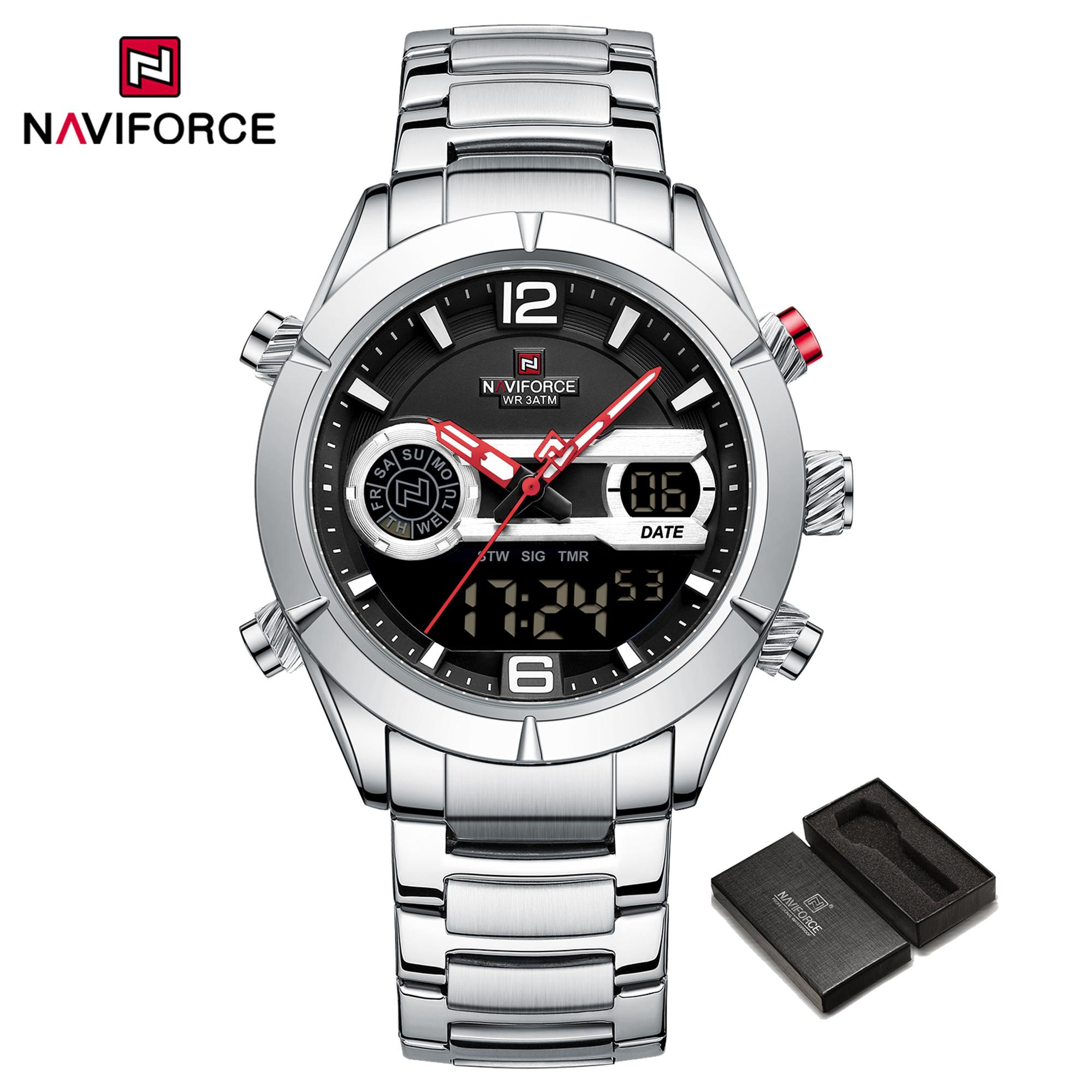 

Часы NAVIFORCE для мужчин, модные водонепроницаемые аналоговые цифровые наручные часы из нержавеющей стали со светящимся дисплеем, спортивные часы чёрный/серебряный