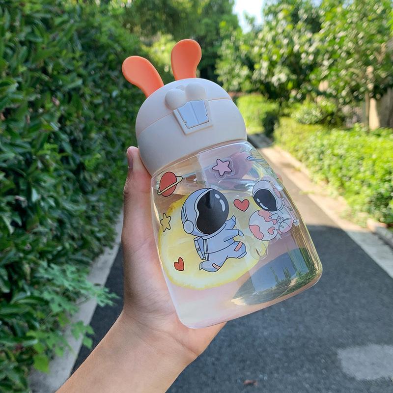 Water bottle high value children's elastic cover plastic water cup rabbit portable with straw cute rabbit large capacity strap cup