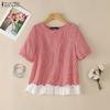 Women Plaid Print Casual Round Neck Short Sleeve Blouse