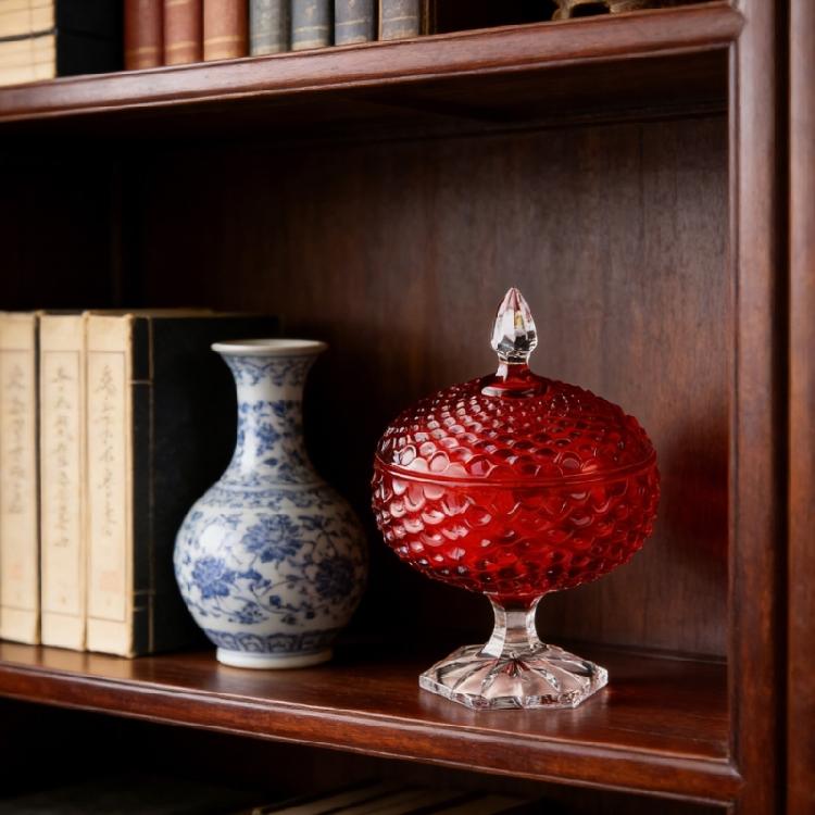 Stylish Red Crystal Glass Thickened Covered Storage Jar with Lid for Candy Dry Fruit Jewelry Trinket Box Home Decors