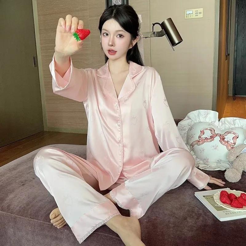 Pajamas for Women Spring and Autumn Ice Silk Long-sleeved Strawberry Jacquard Cute Simple Casual Sweet and Cute Home Wear