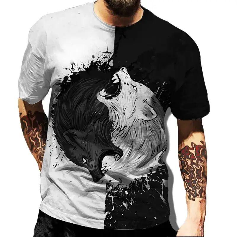 Summer Men Fun Daily Loose Wolf Pattern 3d Printed O Collar Short Sleeve T-Shirt Personality Street Plus Size Breathable Top