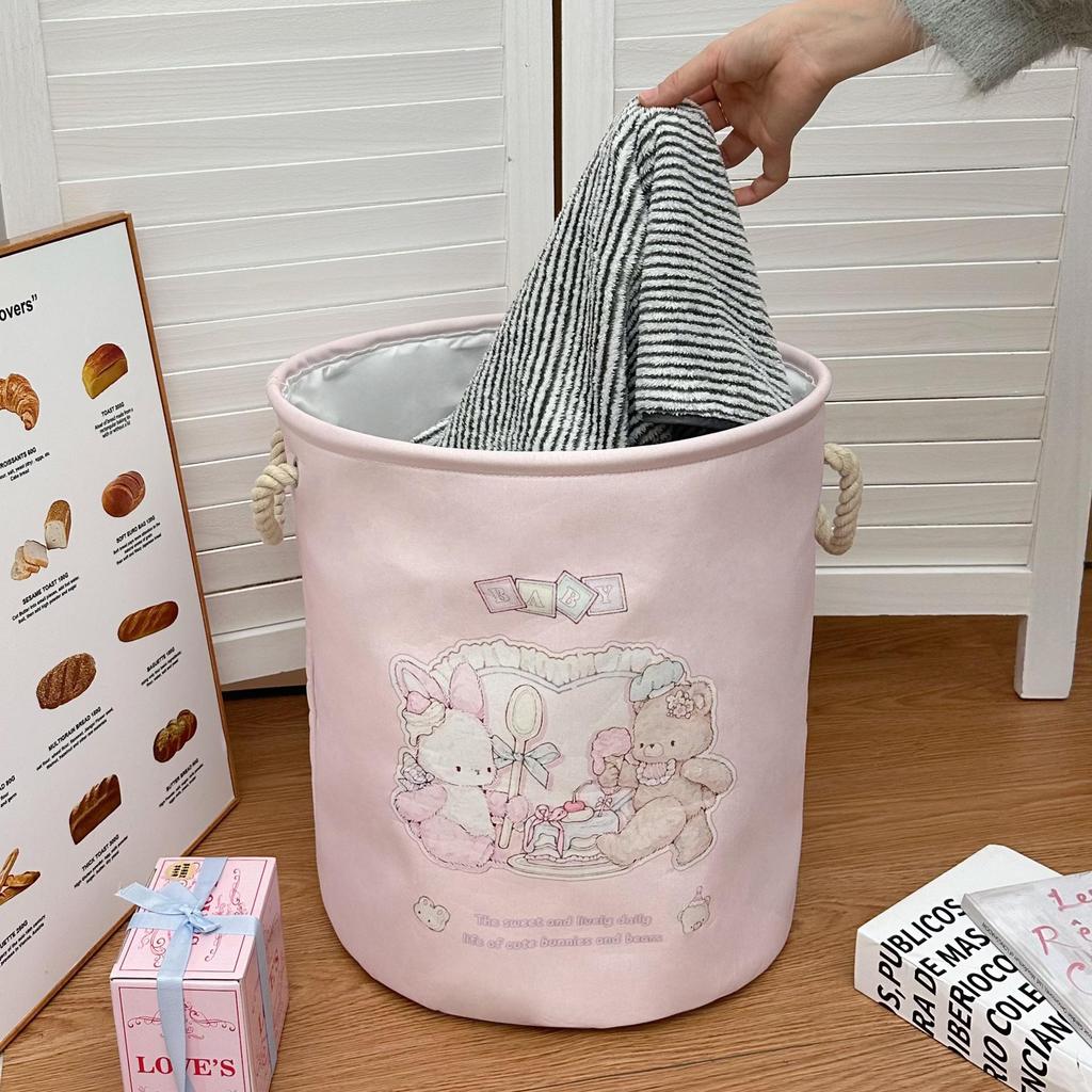 Girly Cartoon Bear Laundry Basket - Large Capacity, Foldable Storage Bin for Clothes & Plush Toys