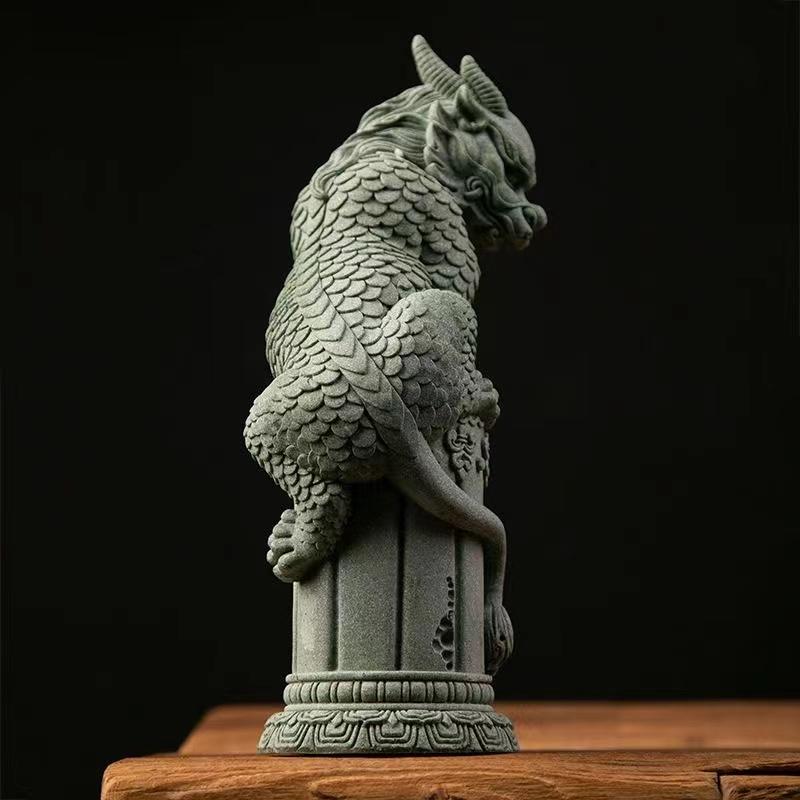 Čína Maska Pan Dragon Sloup Dekorativní socha Zelený pískovcový kámen Sochařství Domov Obývací pokoj, Místnost Kancelář Feng Shui Socha
