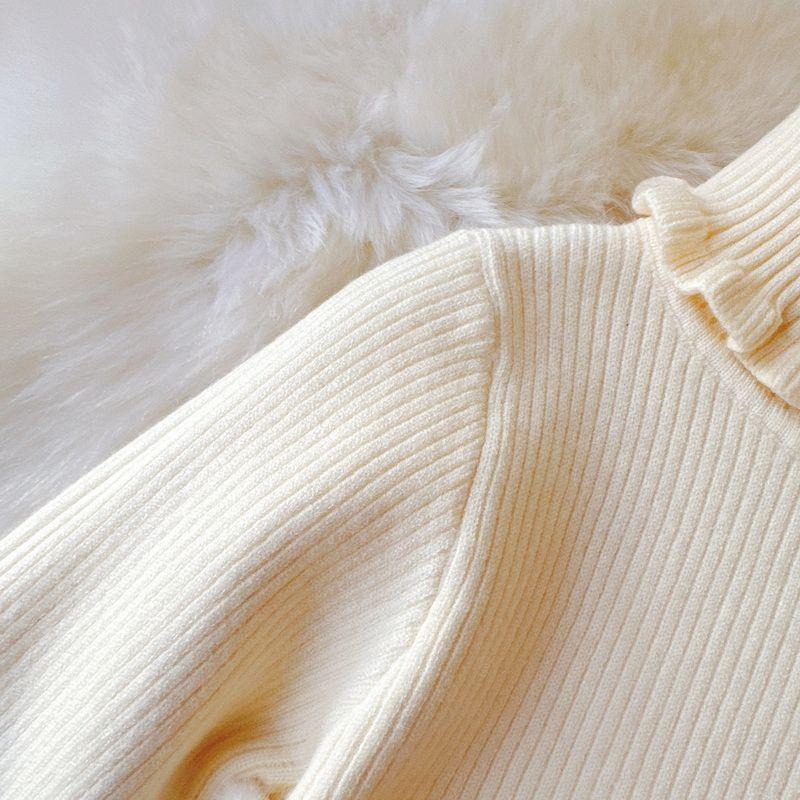 Pull pour filles à col montant et col en dentelle Hiver Une pièce Velours Pull pour enfants de couleur unie avec pull en velours épais