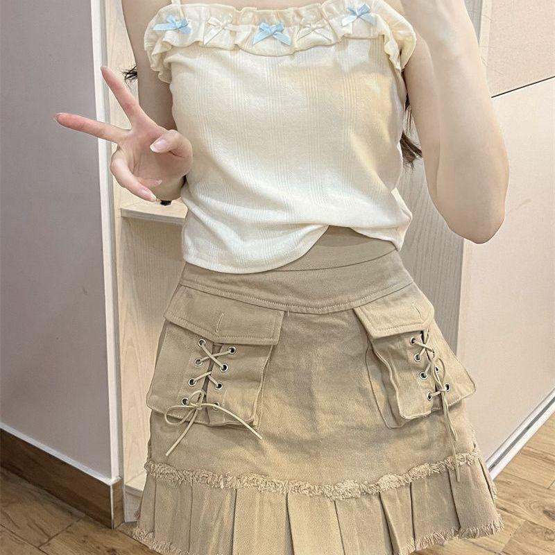 Korean Style Bowknot Patchwork Camisole with Chest Pads - Women's Summer Spicy Girl Lingerie