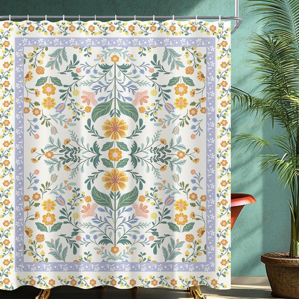 Boho Vintage Flower Shower Curtain Sets For Bathroom Retro Floral Shower Curtain Rustic Country Polyester Bathtub Curtain