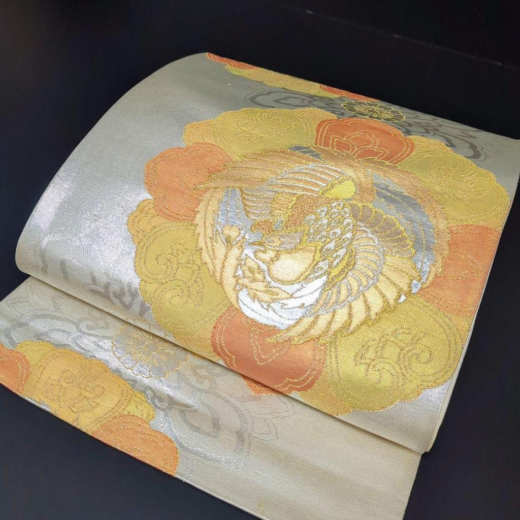 Used H-578 Fukuro obi, pure silk, six pieces, gold thread, silver thread, flower pattern, phoenix, untailored