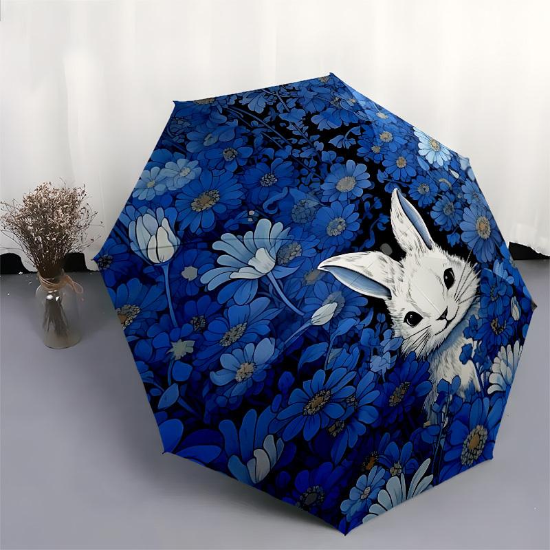 1pc Rabbit Blue flowersOpen/Close Umbrella-Windproof, Compact Travel Umbrella, Sturdy 8-Rib Shaft, Outdoor Accessory, 1053