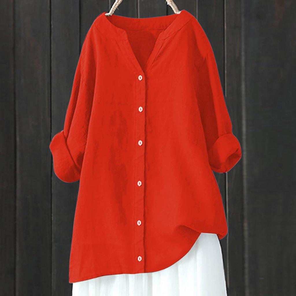 Damen Langarm Knopf Farbe Lockeres Hemd Freizeit Hemd