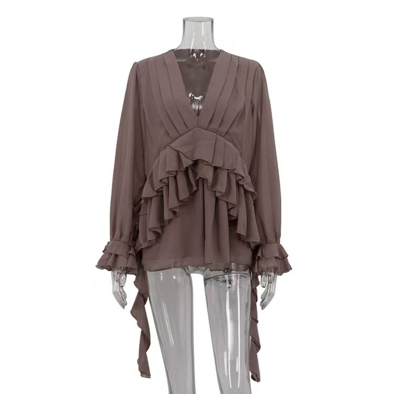 

Мода в западном стиле V-образный вырез Рюши Рукав три четверти Рубашка Топ Сексуальная рубашка с V-образным вырезом и рукавами-лепестками Khaki L