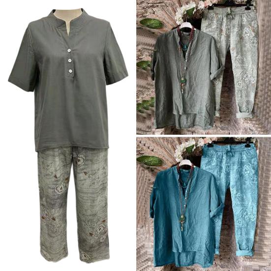 

1 комплект, женская блузка, супермягкие дышащие безворсовые женские брюки с v-образным вырезом, можно стирать в машине, изысканный узор, женские брюки из смесового льна, комплект футболок M