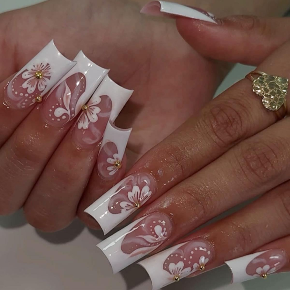 Detachable French Edge Floral Nail Art with Steel Ball Design