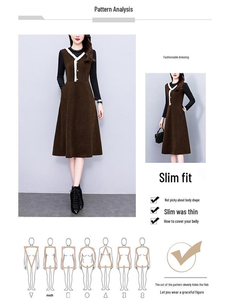 2026 Autumn/Winter Elegant Hepburn Style Slimming Patchwork Mid-Length Dress
