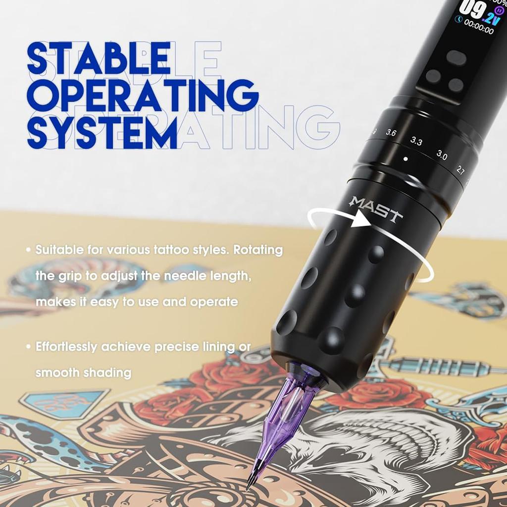 Mast Fold2 Pro Tattoo Machine Kit Wireless  Gun Pen 2 Batteries 2000mAh RCA Connect for Long Time, Tattoo  Cartridges Black Tattoo Ink Complete Kit