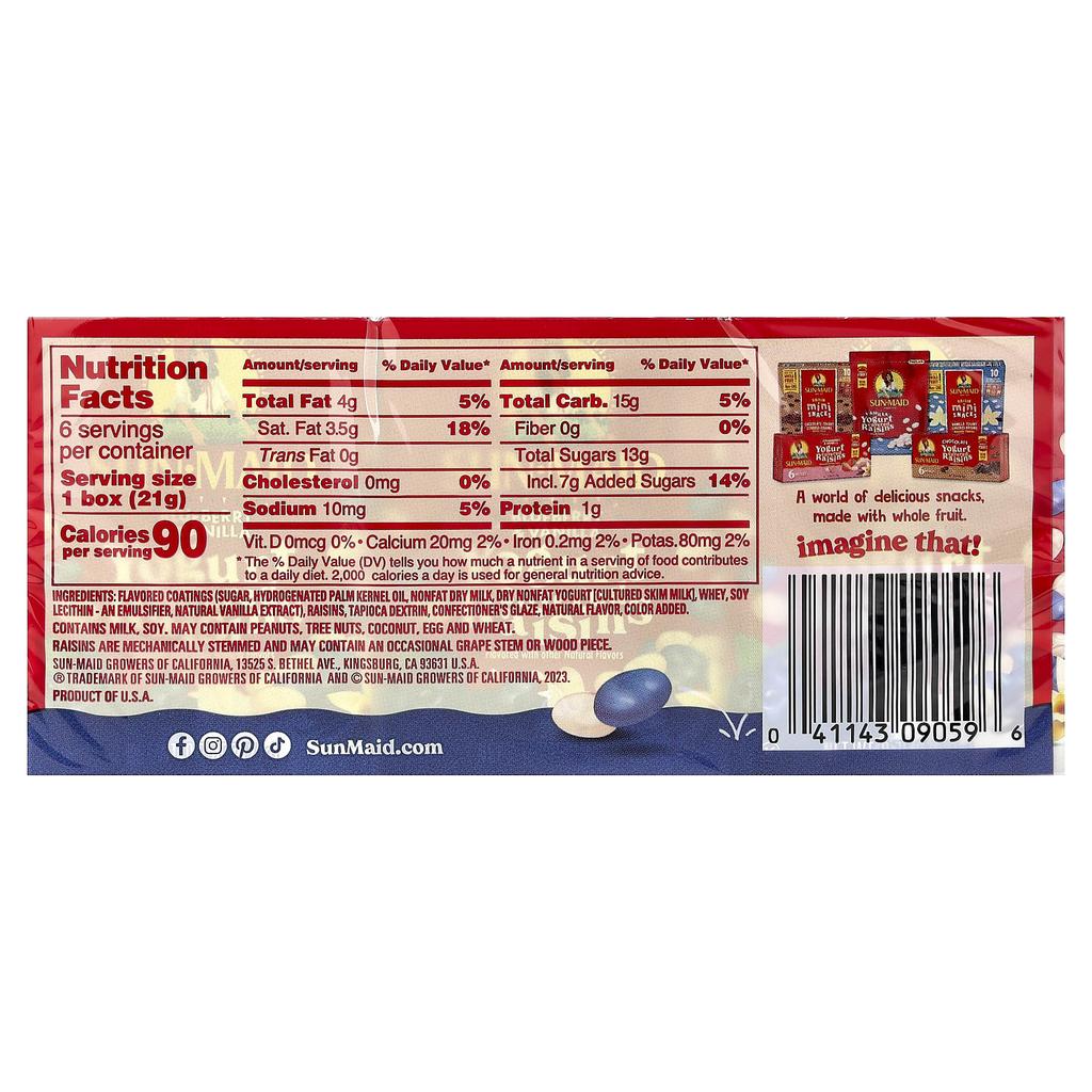 Sun-Maid, Yogurt Covered Raisins, Blueberry & Vanilla, 6 Boxes, 0.75 oz (21 g) Each