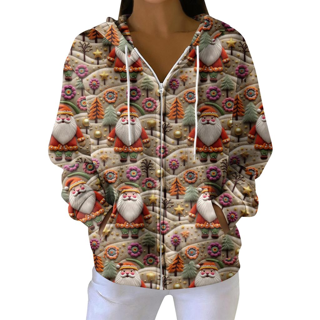 Women's Casual Fashion Long-Sleeved Zip-Up Christmas Print Knitted Hoodie