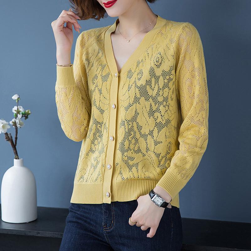 Srcr Women s V-Neck Lightweight Openwork Knit Cardigan L