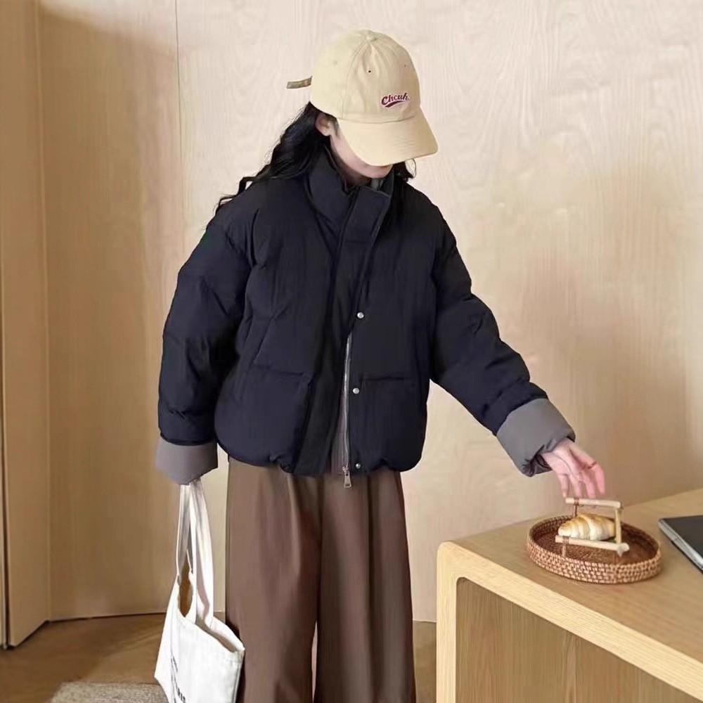 Winter Women's Contrast Color Stand Collar Short Cotton Coat Loose Thickened Coat