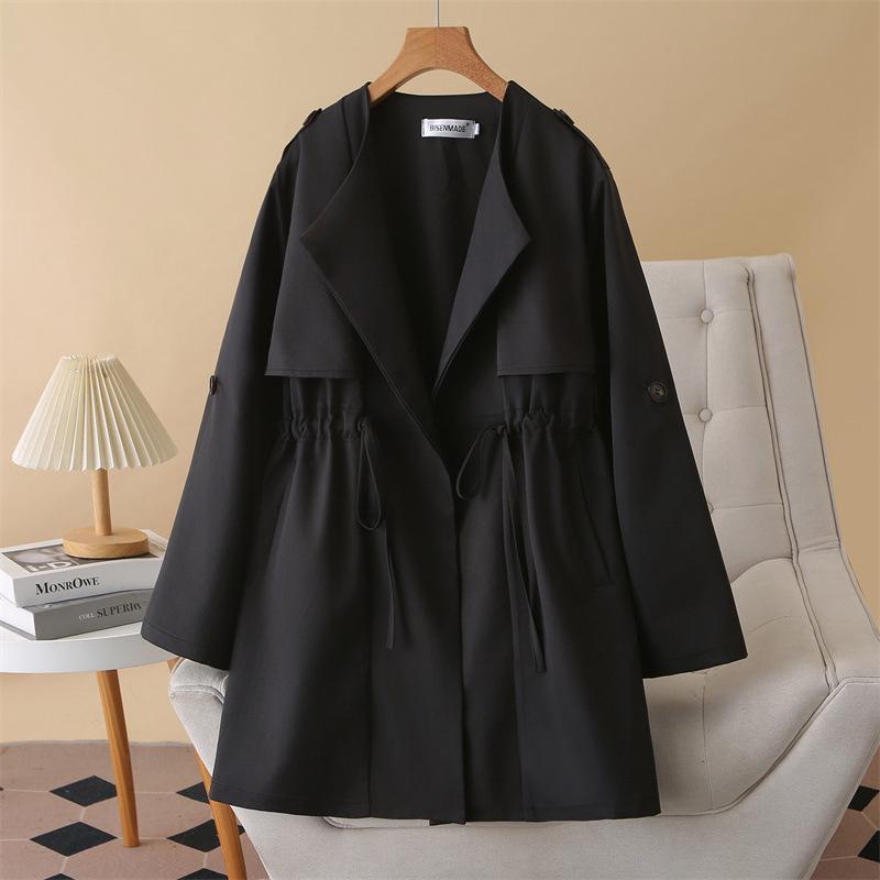 

2026 Spring Plus Size Slimming Windbreaker Cardigan - Waist Cinched, Mid-Length, Long Rolled-Up Sleeves, No Buttons, Style 8802. 3XL чёрный