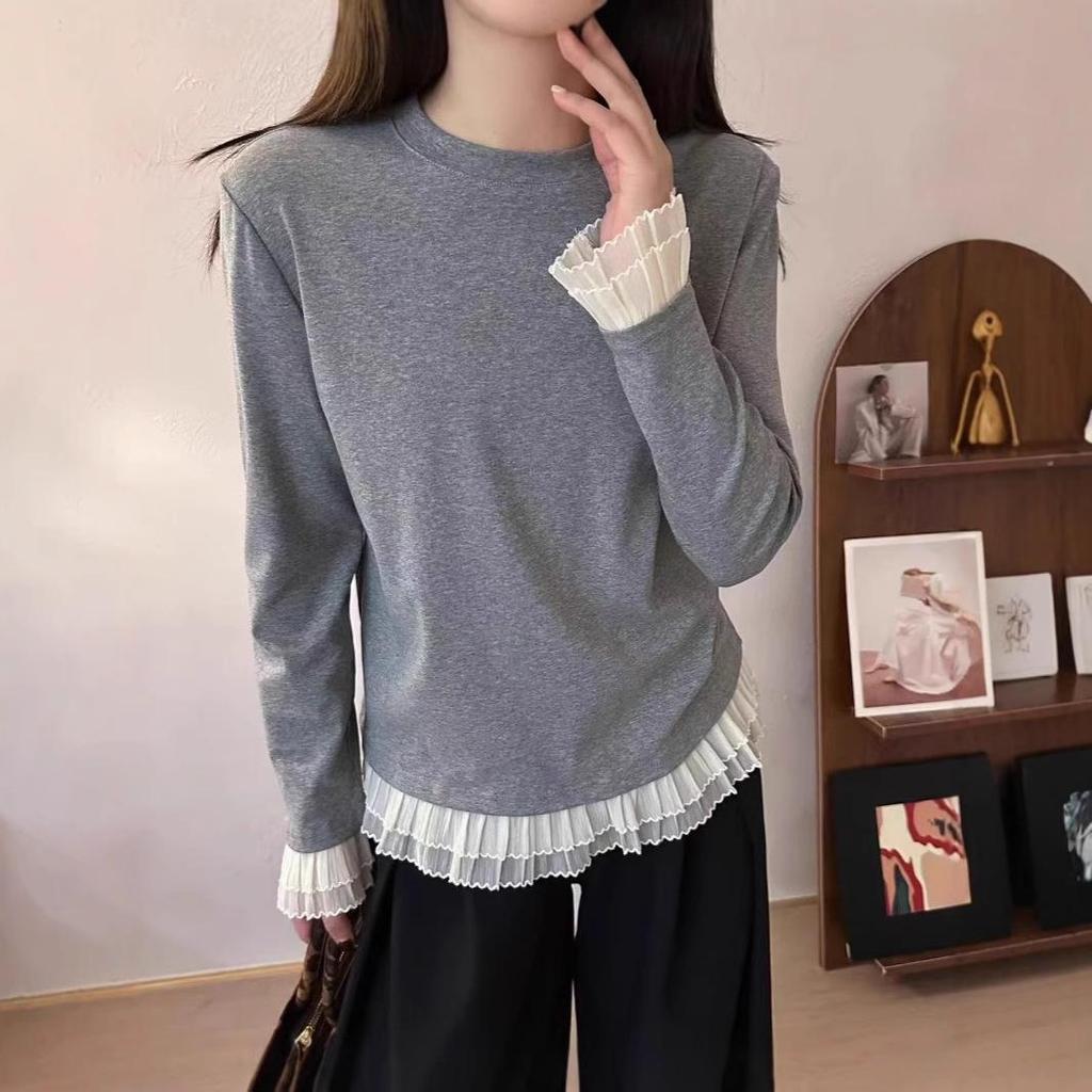 Spring 2025 Versatile Lace Patchwork Long Sleeve Knit T-Shirt