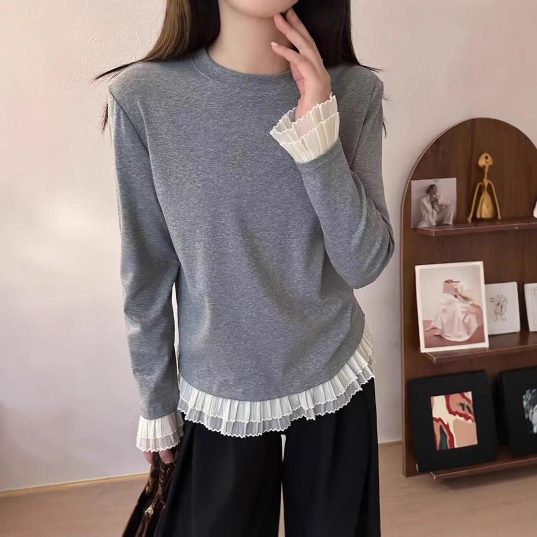 

Spring 2025 Versatile Lace Patchwork Long Sleeve Knit T-Shirt Medium серый