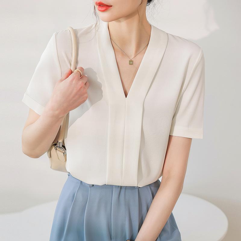 Women's White V-Neck Chiffon Shirt: Autumn Drape, Professional & Formal Design