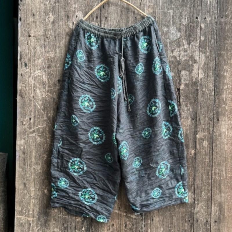 Johnature Women Vintage Wide Leg Pants Elastic Waist Pockets Autumn Loose Trousers Print Floral Belt Soft Pants