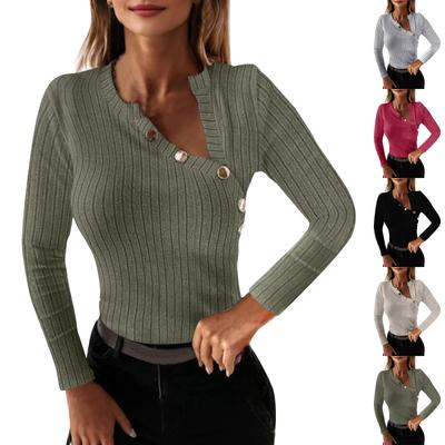 Women's Fall Fashion Long Sleeve V-Neck Metal Button Decoration T-Shirt Top