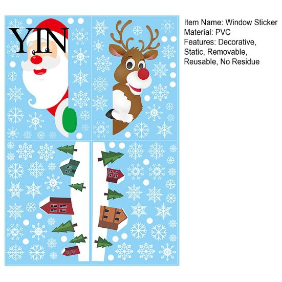 Christmas Window Decals 4Pcs Santa Claus & Reindeer Static Clings with Snowflake, PVC Removable Decals, Cling Snowflakes Reusable Glass Stickers