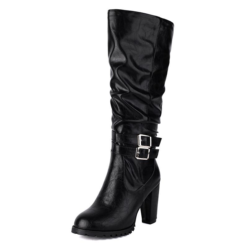 

Зимние женские плиссированные ботфорты на массивном каблуке, белые, черные, красные, для вечеринки, платья, леди, теплые, плюшевые, с ремешком на пряжке, на молнии, со сборками, длинные сапоги 47 чёрный
