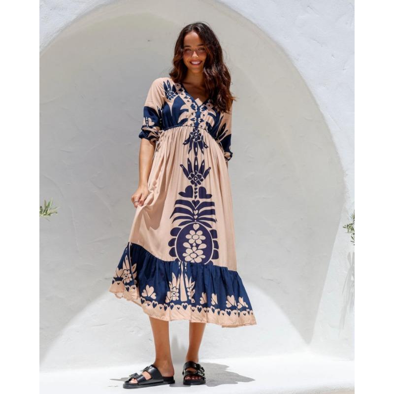 Women's Printed Drawstring Dress with Five-quarter Sleeve Loose Casual