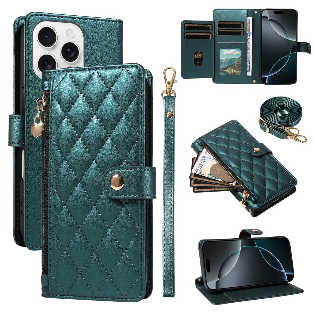 For iPhone 16 Pro Max Wallet Case with Straps,Rhombus Leather Stand Phone Cover