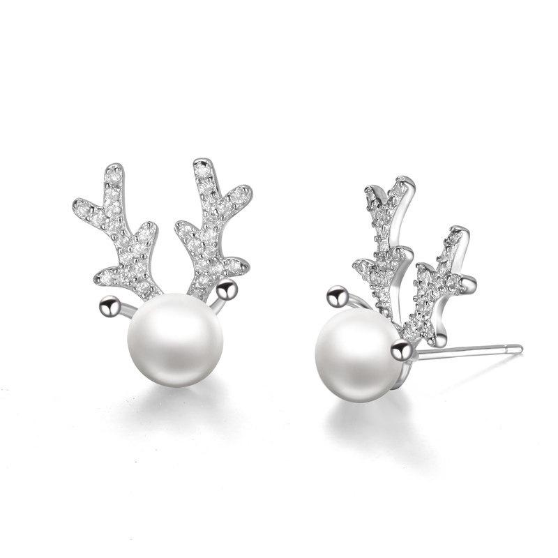 S925 Silber Elchgeweih Perlen Ohrstecker für Frauen - Minimalistischer Koreanischer Stil Weihnachtsschmuck