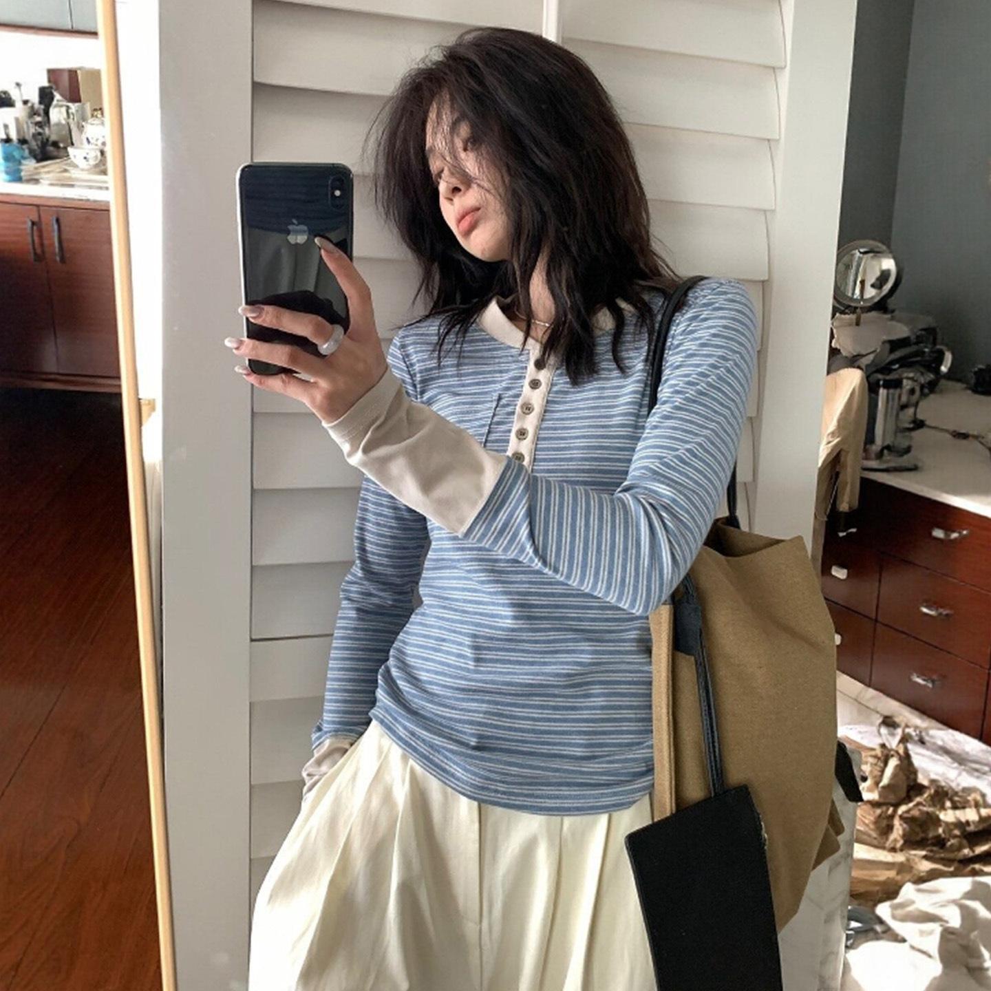 

Women s Striped Henley Top Contrast Cuff Slim Fit Long Sleeve Casual Tee S