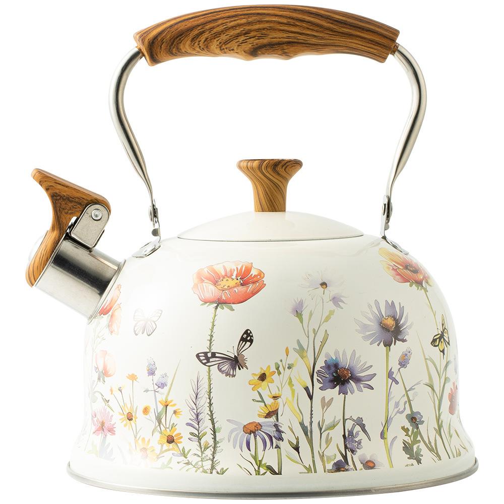 Small fresh whistle white whistle kettle brewing coffee brewing milk whistle enamel kettle Small fresh flower pattern (single pot)