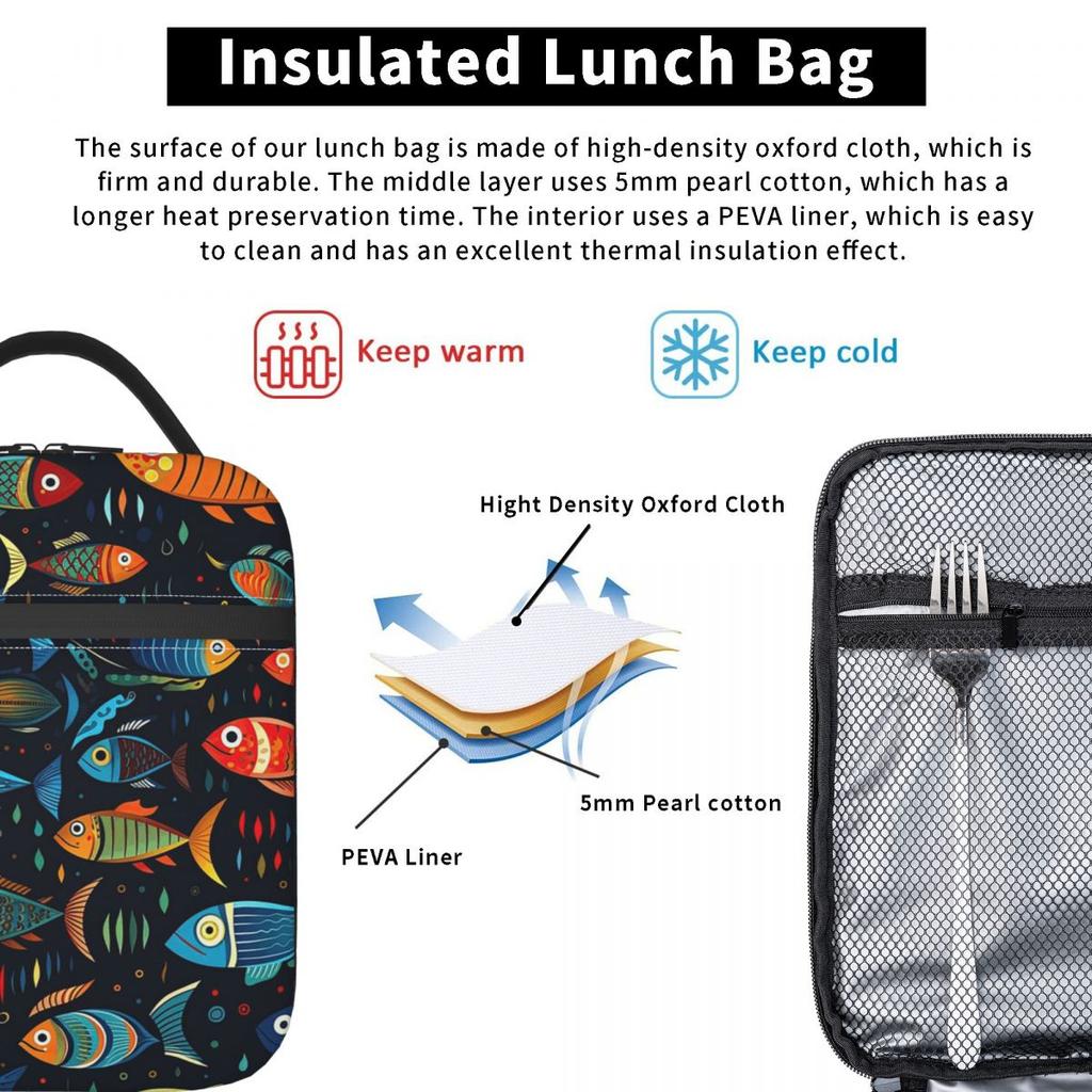 Cartoon Abstract Fish Variety Illustrated Catalog Insulated Lunch Bag for Women Kids Leakproof Food Boxes Thermal Lunch Box Tote
