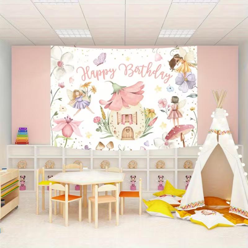 2D Girls Fairy Birthday Tapestry, Watercolor Floral Fairies & Flower House Backdrop, Magical Birthday Decor