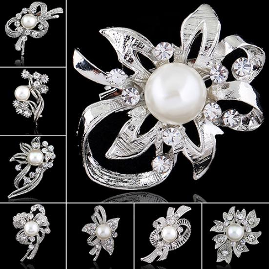 New Bouquet Rhinestone Bridal Pin Silver Crystal Brooch Pearl Brooches Flower