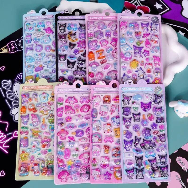 3D Hello Kitty Stickers Relief  Melody Crystal Kawaii Kuromi Luminous Cinnamoroll Sticker Decals Kids Decoration Packs Gift