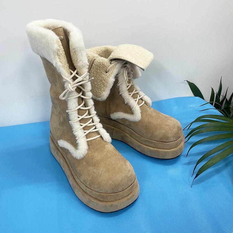 Hairy snow boots women's winter thick-soled velvet knight boots warm medium tube straps two-wear cotton boots piled and thickened
