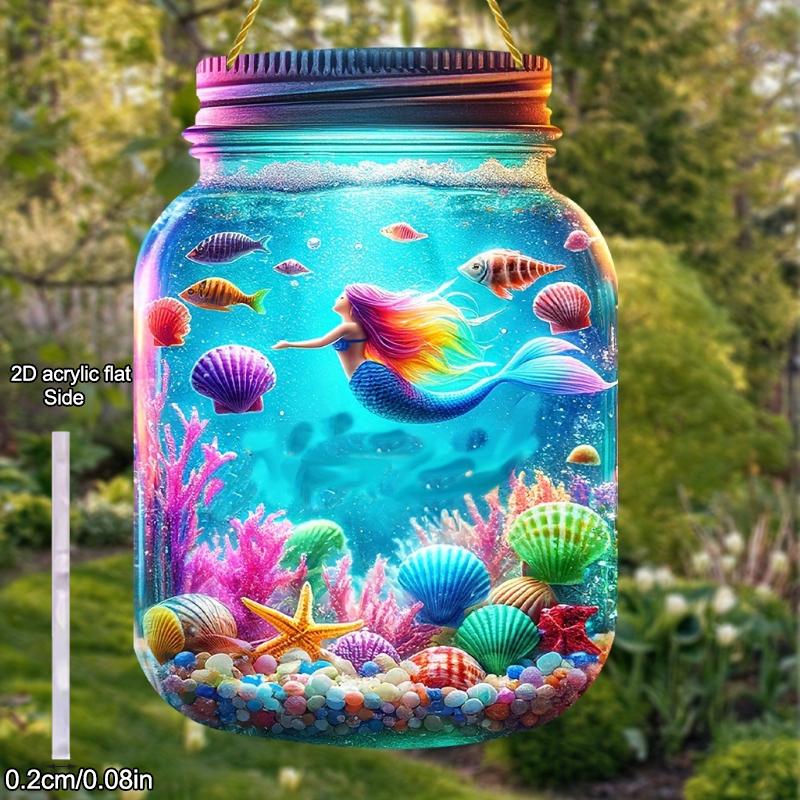1pcs Acrylic Colored Glass Mermaid Mason Jar, Acrylic Sign, Four Seasons Decoration, with Wall Hanging, Novelty Home Decor