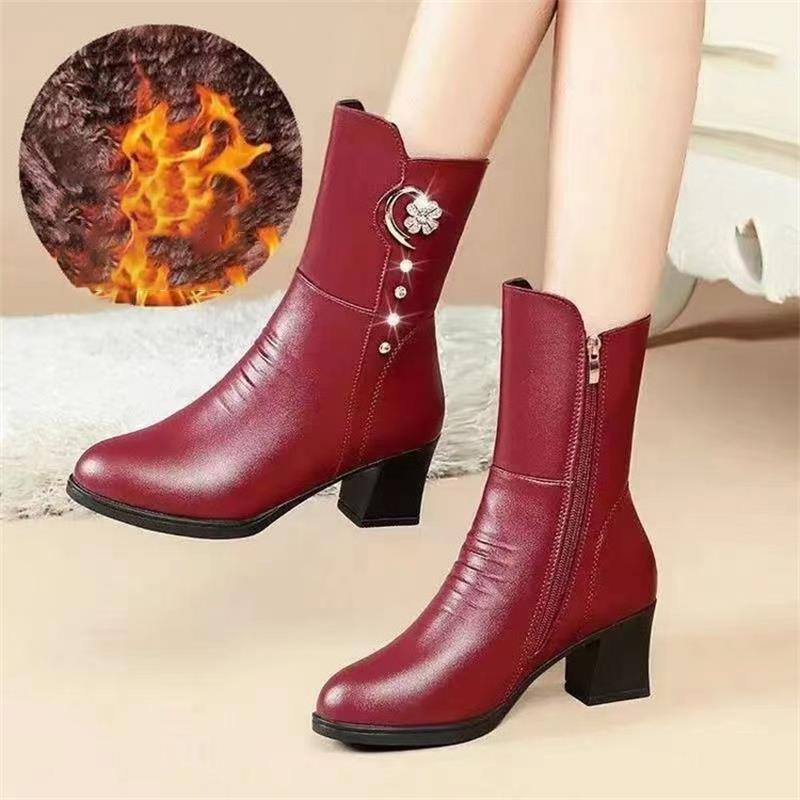Damen Stiefeletten Winter Dick Plüsch Bequem Hohe Absätze Outdoor Anti-Rutsch Warm Mittelhohe Stiefel