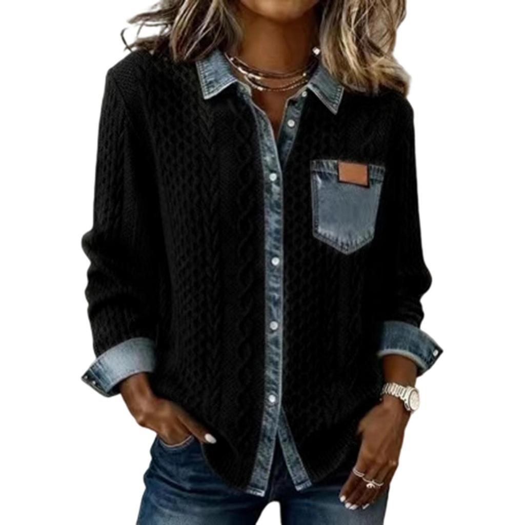 Women's Knitted Patchwork Denim Fashion Long,sleeved Cardigan Jacket